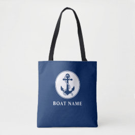 Bootnaam Nautische Anker & Touw Navy Blauw Wit Tote Bag