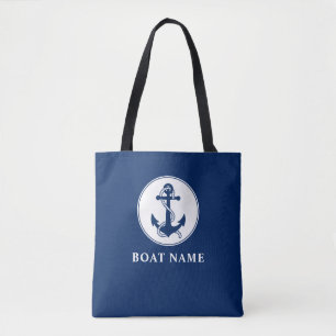 Bootnaam Nautische Anker & Touw Navy Blauw Wit Tote Bag