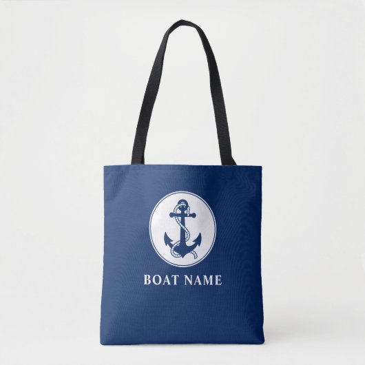 Bootnaam Nautische Anker & Touw Navy Blauw Wit Tote Bag (Voorkant)
