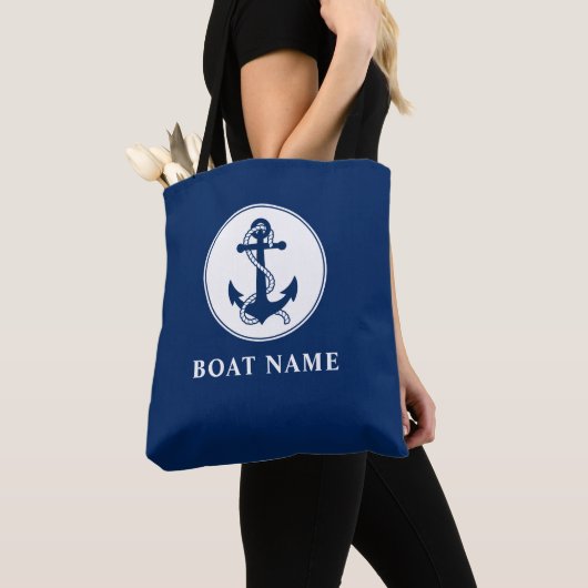 Bootnaam Nautische Anker & Touw Navy Blauw Wit Tote Bag (Dichtbij)