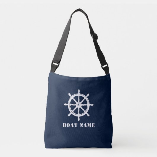 Bootnaam nautische schepen wiel helm diep blauw crossbody tas (Voorkant)