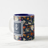 Bootnaam Navy Blue Sealife Nautisch Anker Tweekleurige Koffiemok (Voorkant links)
