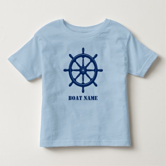 Bootnaam of Jouw naam Schip Helm Wheel Navy & Blue Kinder Shirts (Voorkant)
