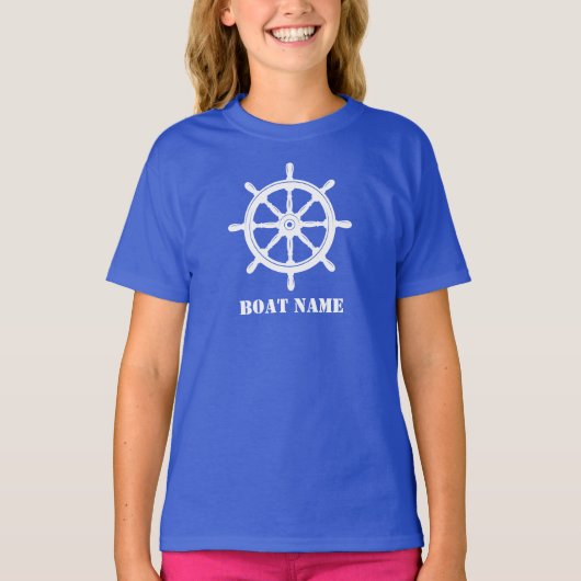 Bootnaam of Jouw naam Ship Helm Wheel Royal Blue T-shirt (Voorkant)