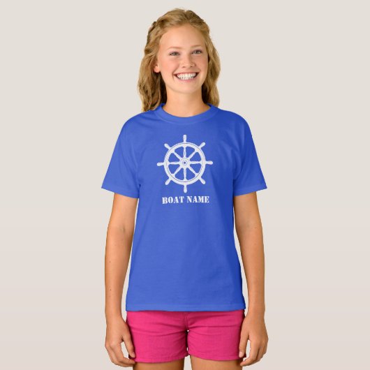 Bootnaam of Jouw naam Ship Helm Wheel Royal Blue T-shirt (Voorkant volledig)