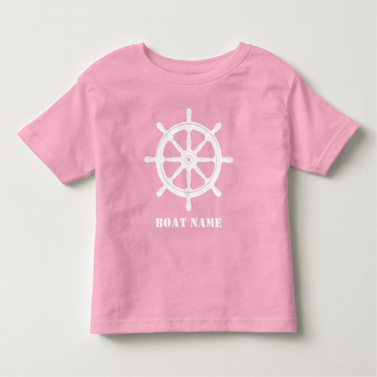 Bootnaam of Jouw naam Ship Helm Wheel Roze Wit Kinder Shirts (Voorkant)