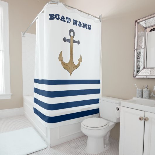Bootnaam, Retro Anker Navy Blauwe Witte Strepen Douchegordijn (In situ)