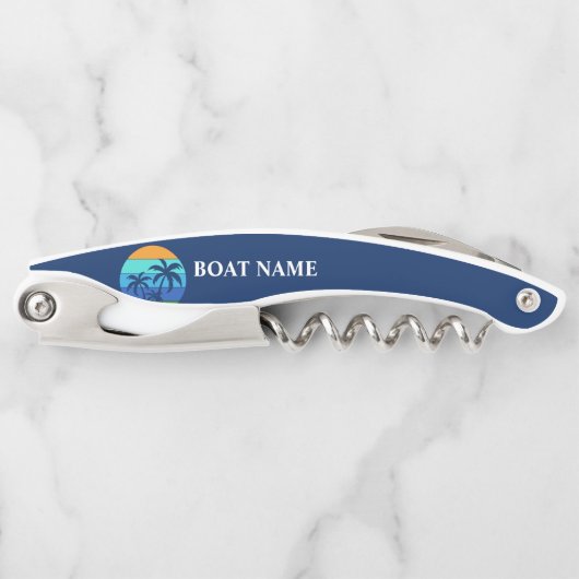 Bootnaam zon palmbomen blauw kurkentrekker (Voorkant)