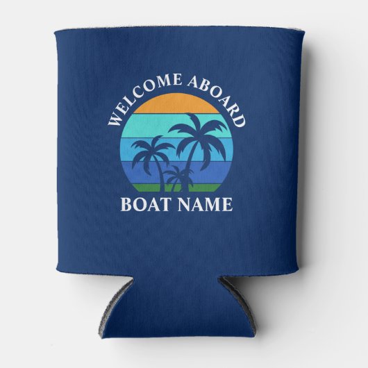 Bootnaam zon palmbomen welkom aan boord blauw blikjeskoeler (Voorkant)