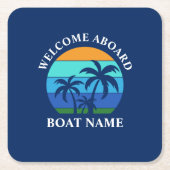 Bootnaam zon palmbomen welkom aan boord blauw kartonnen onderzetters (Voorkant)
