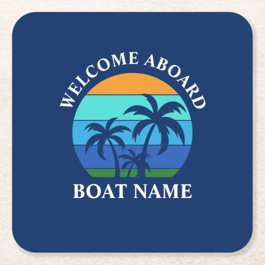 Bootnaam zon palmbomen welkom aan boord blauw kartonnen onderzetters (Voorkant)