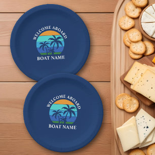 Bootnaam zon palmbomen welkom aan boord blauw papieren bordje