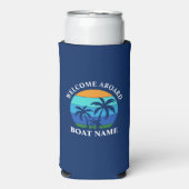 Bootnaam zon palmbomen welkom aan boord blauw seltzer blikjeskoeler (Seltzer Voorkant)