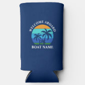 Bootnaam zon palmbomen welkom aan boord blauw seltzer blikjeskoeler (Voorkant)