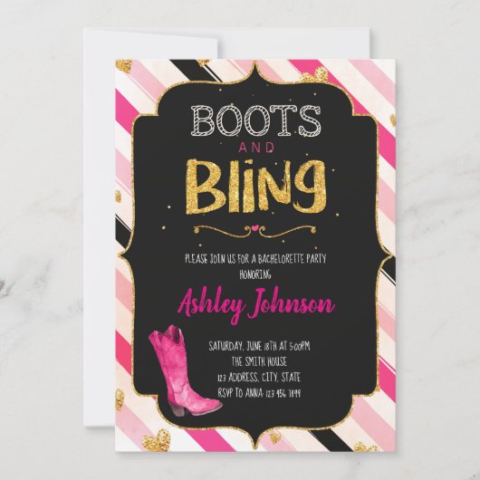 Boots and bling bachelorette party call kaart (Voorkant)