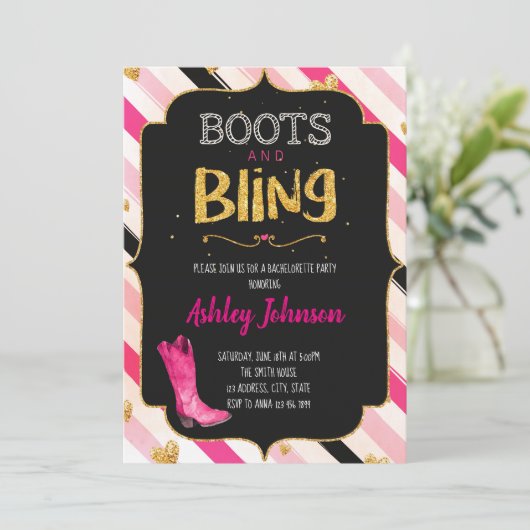Boots and bling bachelorette party call kaart (Staand voorkant)