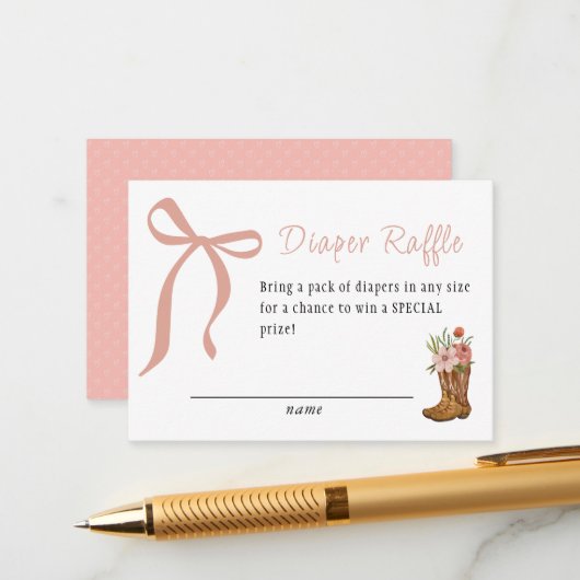 Boots and Bows Baby Girl Shower Diaper Raffle Informatiekaartje (Voorkant / Achterkant in situ)