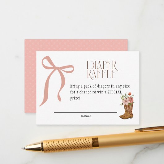 Boots and Bows Baby Girl Shower Diaper Raffle Informatiekaartje (Voorkant / Achterkant in situ)