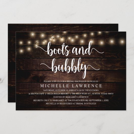 Boots and Bubble, Rustic Vrijgezellenfeest Celebra Kaart (Voorkant / Achterkant)