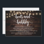 Boots and Bubble, Rustic Vrijgezellenfeest Celebra Kaart<br><div class="desc">Moderne Calligrafie Bridal douchekaart (Boots and Bubble),  in superieure dark wood string lights design themed. Nodig de gasten met deze perfecte Uitnodigingskaart uit. Voeg de gegevens van uw vrijgezellenfeest toe in de bijbehorende formulering.</div>