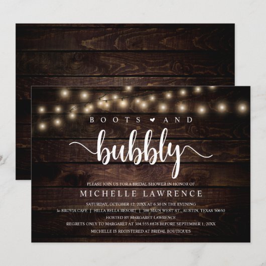 Boots and Bubble, Rustic Vrijgezellenfeest Celebra Kaart (Voorkant / Achterkant)