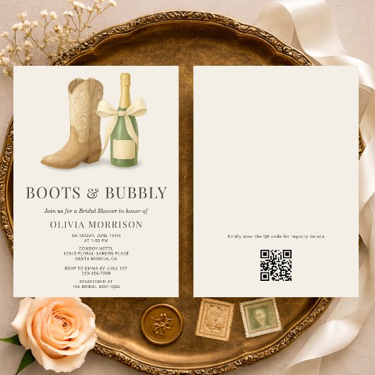 Boots and Bubbly QR Code Bow Bridal Shower Kaart