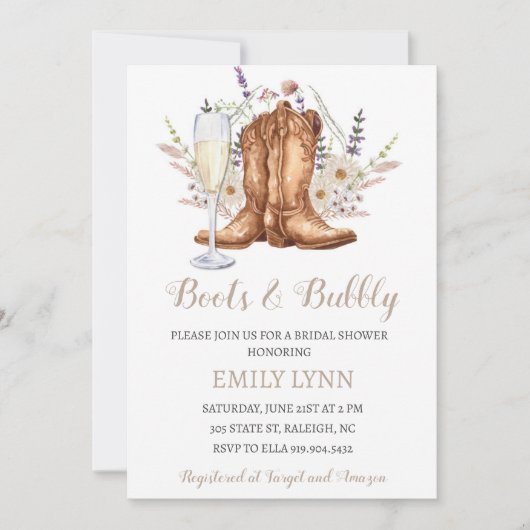 Boots and Bubbly Western Bridal Shower Invitation Kaart (Voorkant)