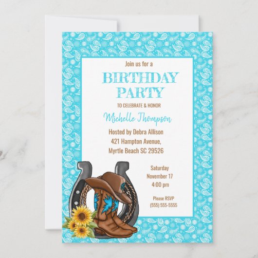 Boots Bandana Sunflower Birthday Invitation Kaart (Voorkant)