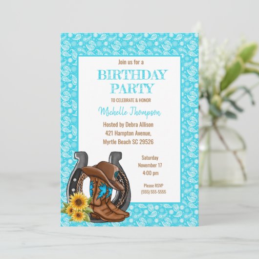 Boots Bandana Sunflower Birthday Invitation Kaart (Staand voorkant)
