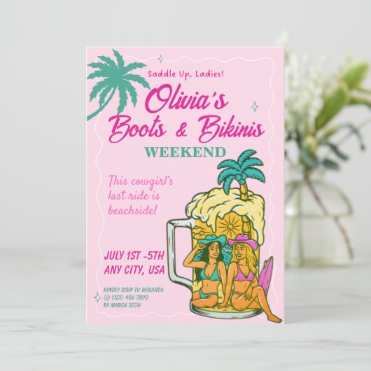 Boots & Bikinis Bachelorette Invitation Kaart (Staand voorkant)