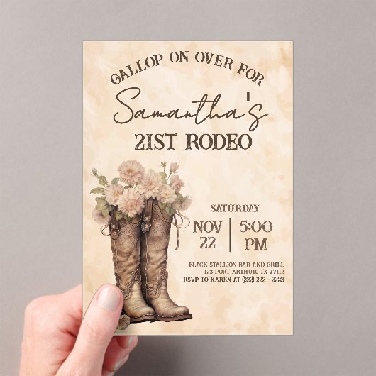 Boots & Blush Rustic Western Cowgirl 21st Birthday Acryl Uitnodigingen (Insitu (Draagbaar))