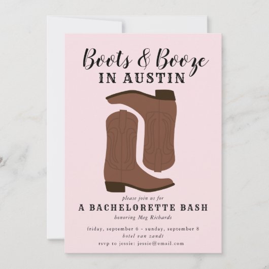 Boots & Booze Austin Texas Bachelorette Invitation Kaart (Voorkant)