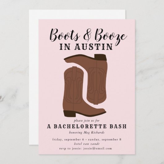 Boots & Booze Austin Texas Bachelorette Invitation Kaart (Voorkant / Achterkant)