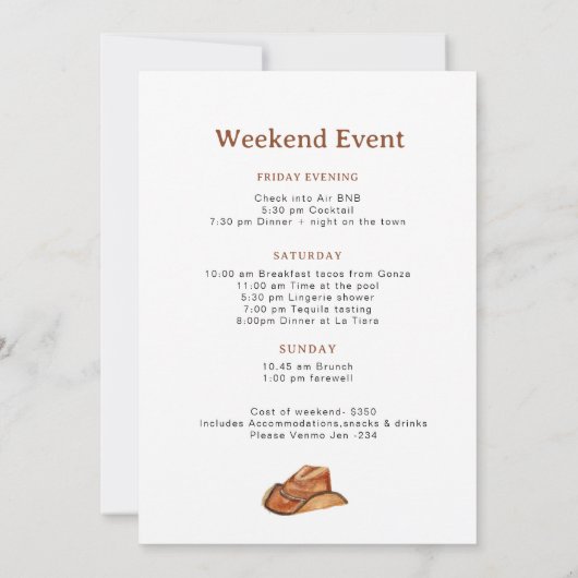 Boots & Booze Cowgirl Bachelorette Weekend Kaart (Achterkant)