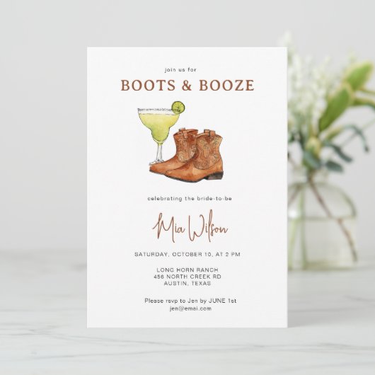 Boots & Booze Cowgirl Vrijgezellenfeest Kaart (Staand voorkant)