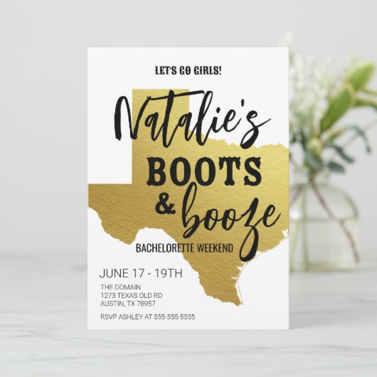 Boots & Booze Texas Bachelorette Invitation Kaart (Staand voorkant)