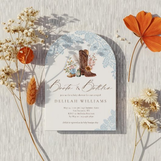 Boots & Bottles Blue Cowboy Western Baby shower Kaart