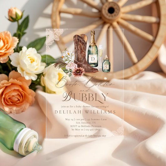 Boots Bottles & Bubbly Country Western Baby shower Acryl Uitnodigingen