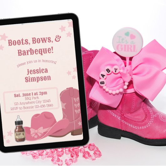 Boots Bows & BBQ Pink Baby Shower Kaart