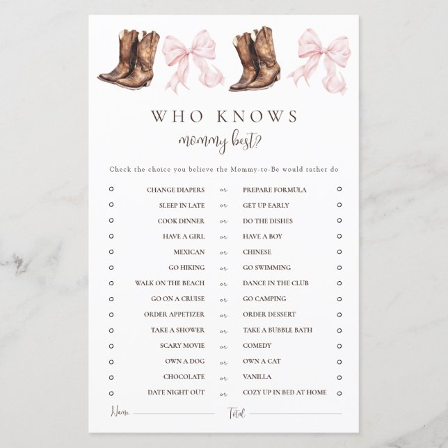 Boots & Bows Who Knows Mommy Best Baby Shower Game (Voorkant)