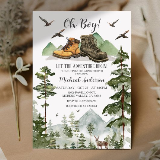 Boots Boy Pine Adventure Begin Forest Baby shower Kaart