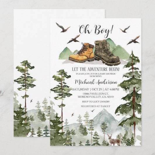 Boots Boy Pine Adventure Begin Forest Baby shower Kaart (Voorkant / Achterkant)
