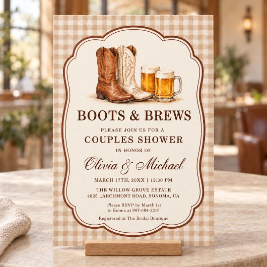 Boots & Brews Gingham Koppels Bruiloft Kaart