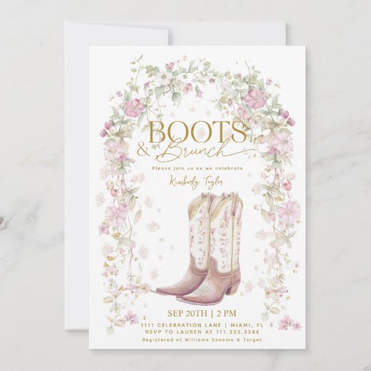 Boots & Brunch Wildflower Boog Bruiloftsborrel Kaart (Voorkant)