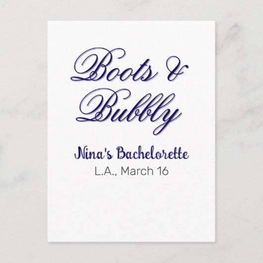 Boots & Bubble bachelorette party name purpleplace Briefkaart (Voorkant)