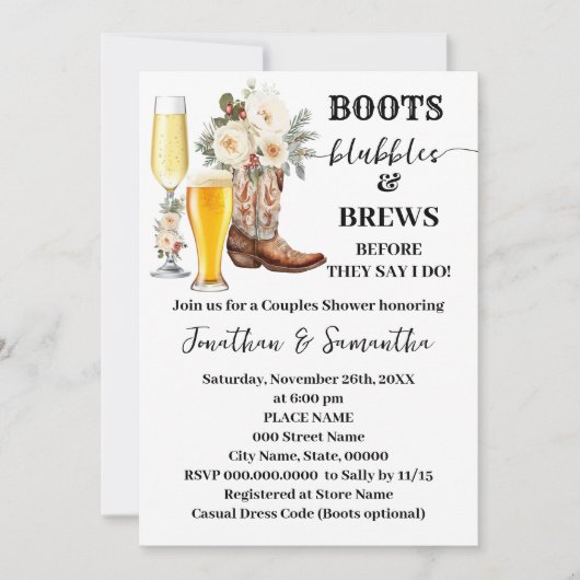 Boots Bubbles & Brews Winter Bridal Shower Kaart (Voorkant)