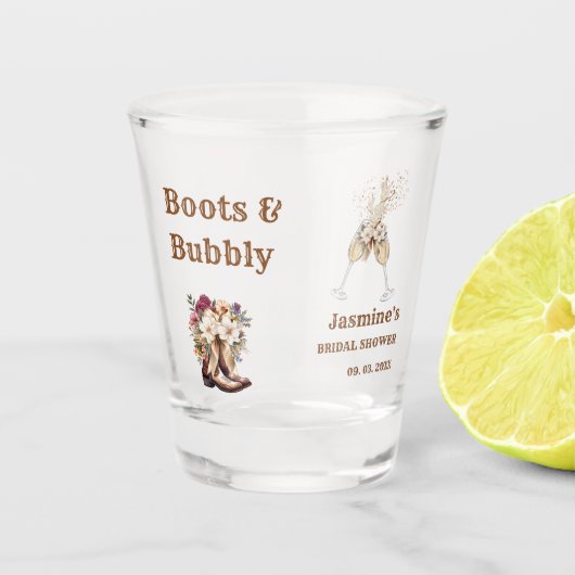 Boots & Bubbly Boho Westerse Bruiloftsfeest Shot Glas (Voorkant)