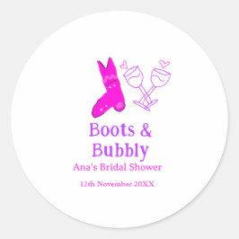 Boots & bubbly champagnefles vrijgezellenfeest roz ronde sticker