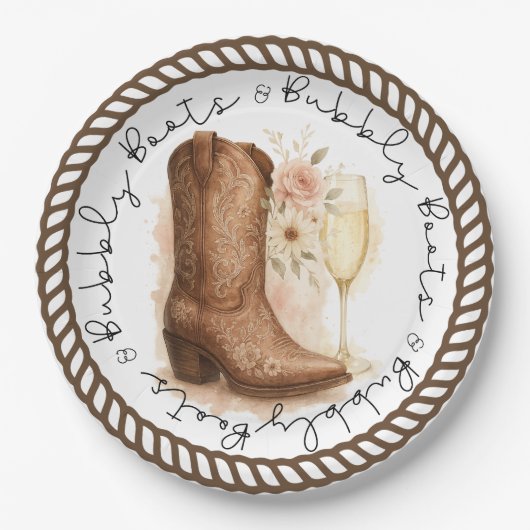 Boots & Bubbly Country Western Boot Vrijgezellenfe Papieren Bordje (Voorkant)