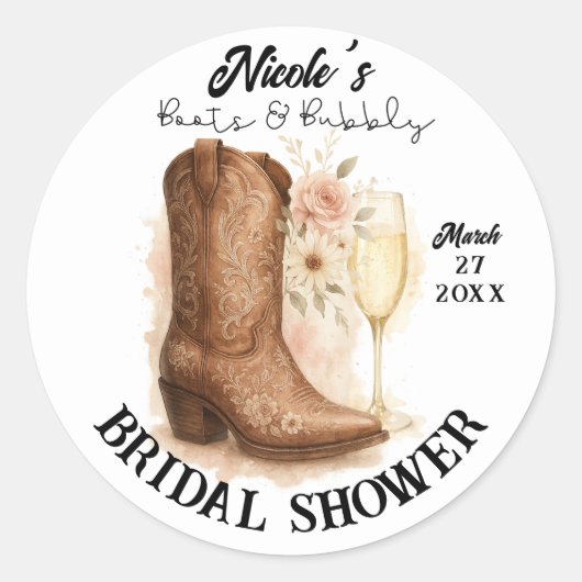 Boots & Bubbly Country Western Boot Vrijgezellenfe Ronde Sticker (Voorkant)